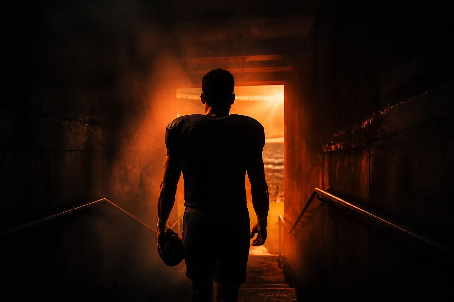 Atleta sozinho num túnel escuro de estádio a caminhar