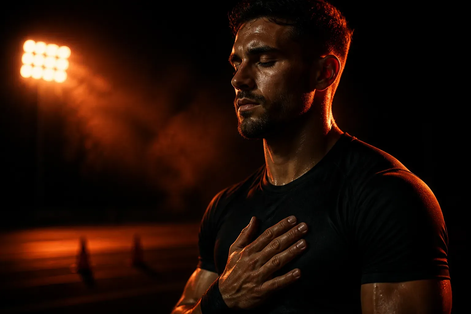 Atleta de olhos fechados a respirar fundo